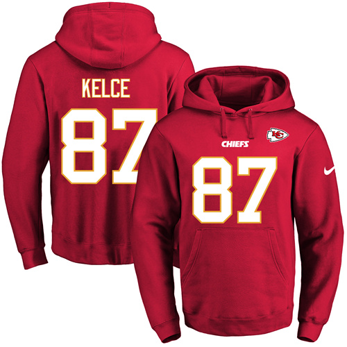 Nike Chiefs #87 Travis Kelce Red Name & Number Pullover NFL Hoodie - Click Image to Close